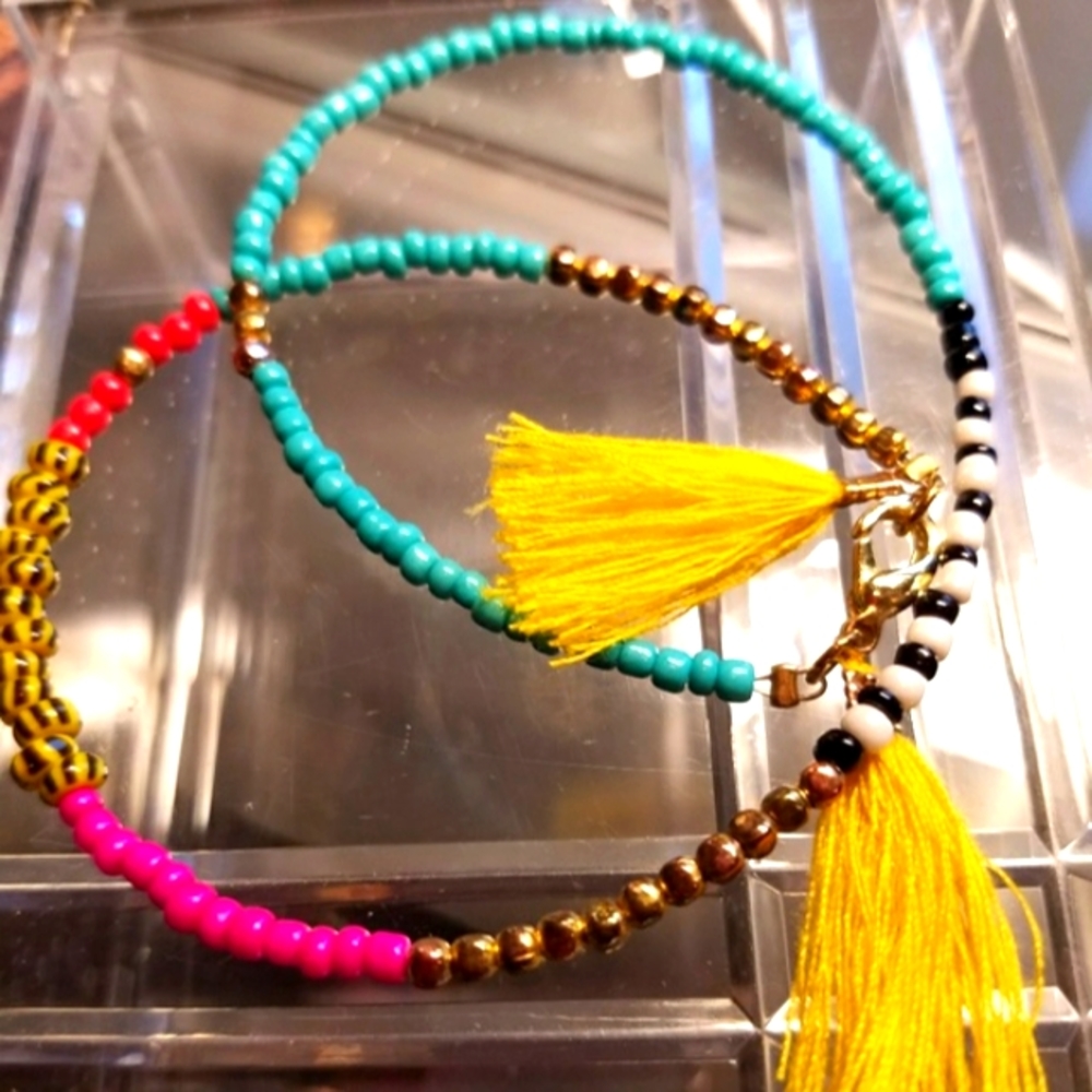 Double Wrap Pink Blue Bead And Tassel Bracelet